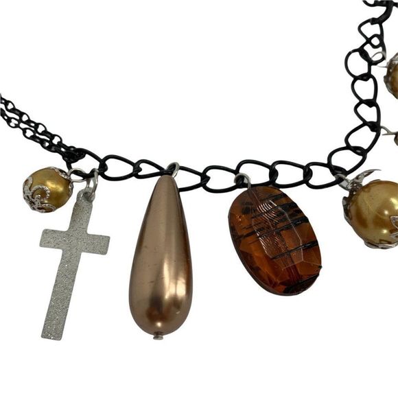 Necklace Statement Charm Stone Adjustable 20-22" Black Gold 0051 Chain Cross - Picture 3 of 5